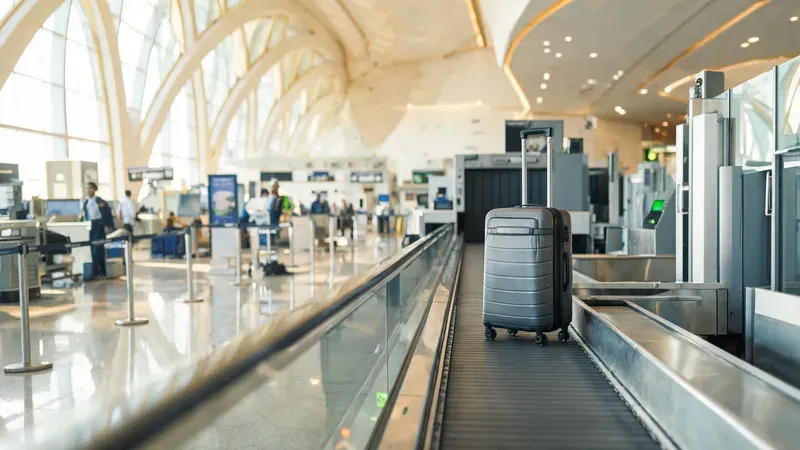 Dubai International Airport terminal interior with luggage on a security conveyor belt, conveying professional customs procedures
