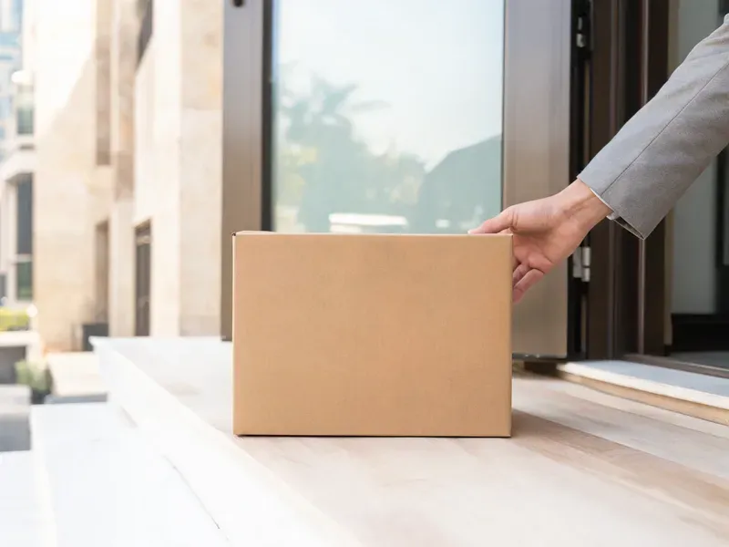 Plain unmarked brown cardboard box on a modern doorstep, representing discreet and private package delivery in Dubai