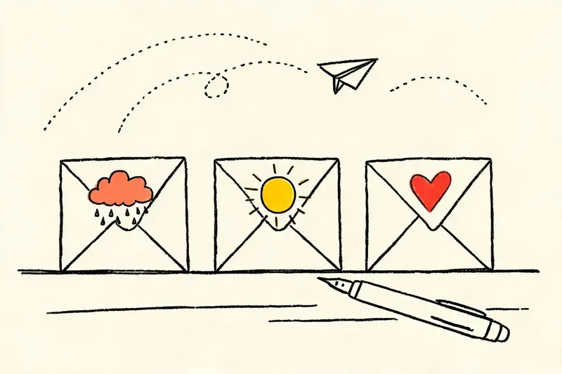 A hand-drawn whiteboard illustration of three sealed envelopes in a row, each marked with a small coloured symbol of a rain cloud, a sun, and a heart.