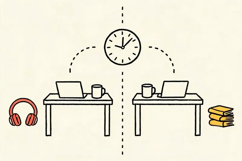 A hand-drawn whiteboard illustration of two desks side by side across a dotted line, each with an identical mug and laptop, and a single wall clock above them showing the same time.