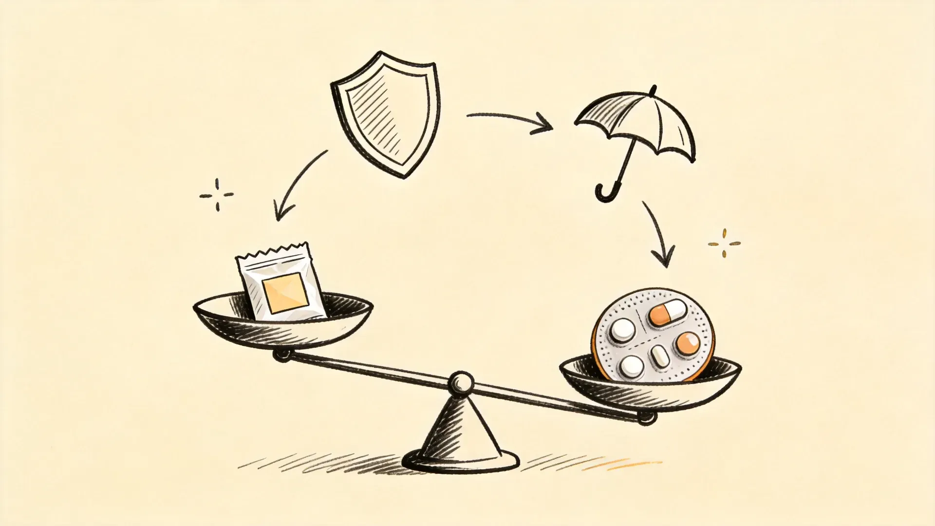 A hand-drawn whiteboard-style illustration of a balance scale weighing a condom packet against a pack of birth control pills, showing how condoms and the pill protect against different risks.