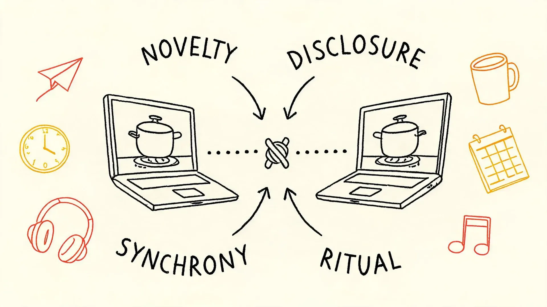 A hand-drawn whiteboard illustration of two long-distance partners' laptops facing each other with identical cooking pots on both screens, and four arrows labelled novelty, disclosure, synchrony, and ritual converging on a knot between them.