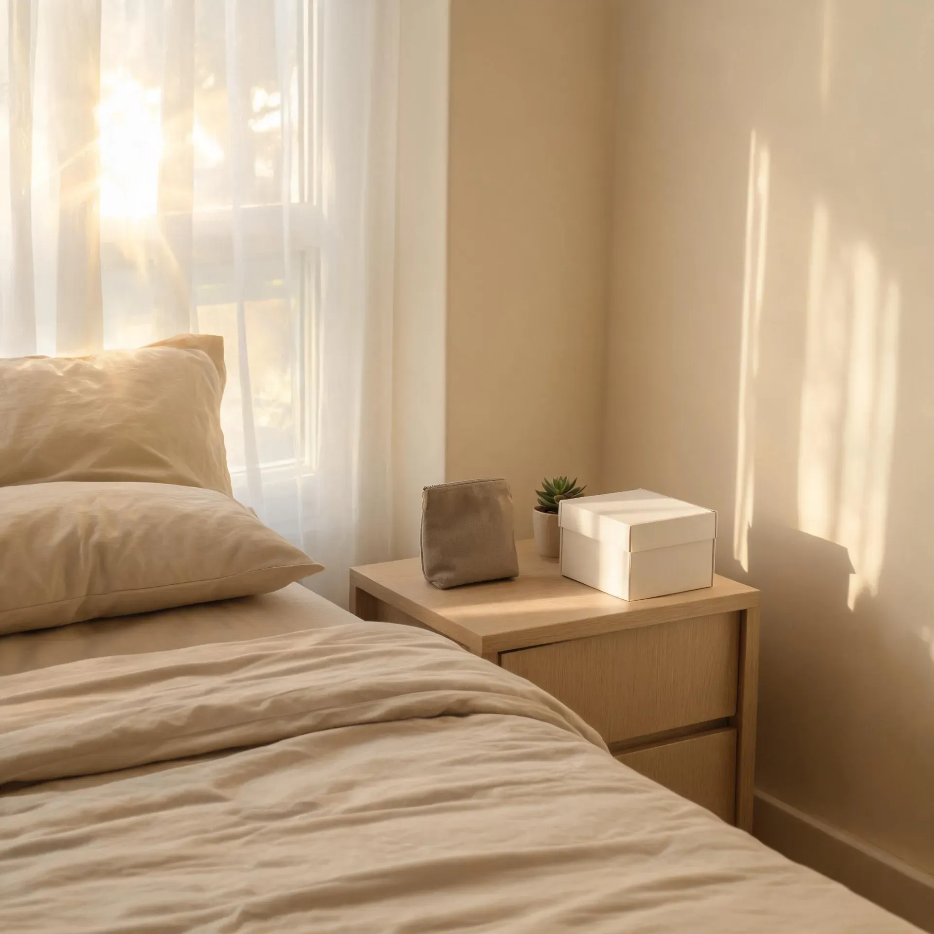 A discreet white box resting on a bedroom nightstand, symbolizing private, judgment-free adult product shopping.