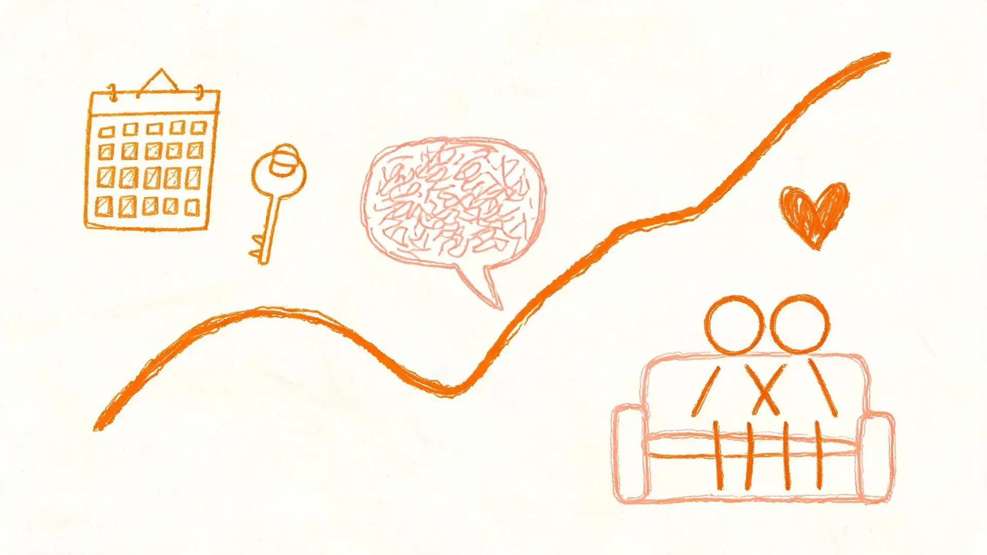 A hand-drawn whiteboard illustration of a marker-sketched line chart dipping low and rising again, surrounded by doodles of a calendar, a key, a speech bubble and two small stick figures sitting apart on a couch.