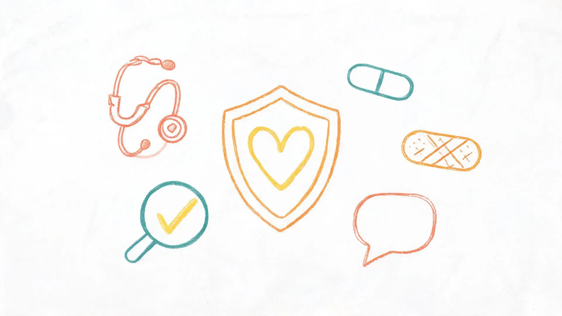 Hand-drawn whiteboard infographic of a shield with a heart surrounded by doodles of a stethoscope, pill, bandage, magnifying glass, and speech bubble, representing a complete guide to sexual health.