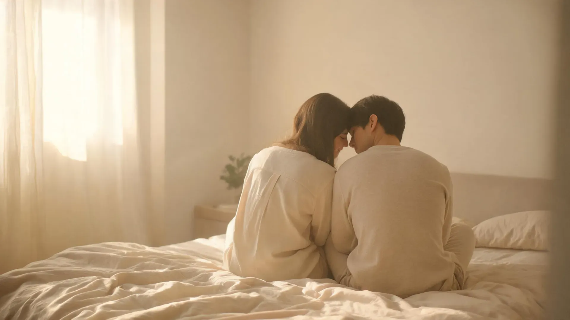 A couple sits close together on a bed in soft morning light, showing that intimacy has no single normal frequency.
