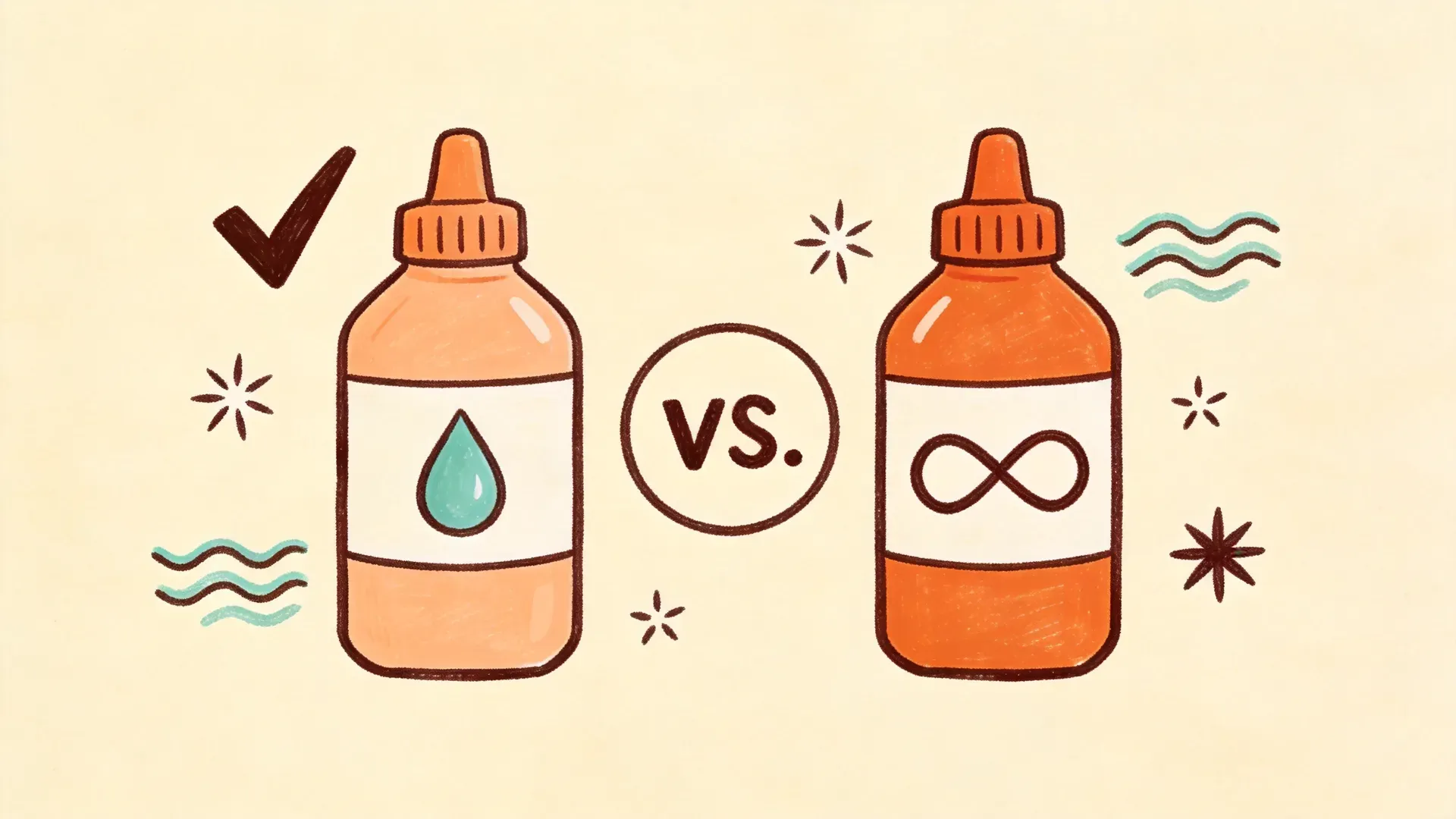 A hand-drawn whiteboard-style illustration comparing a water-based lubricant bottle marked with a droplet against a silicone lubricant bottle marked with an infinity loop.