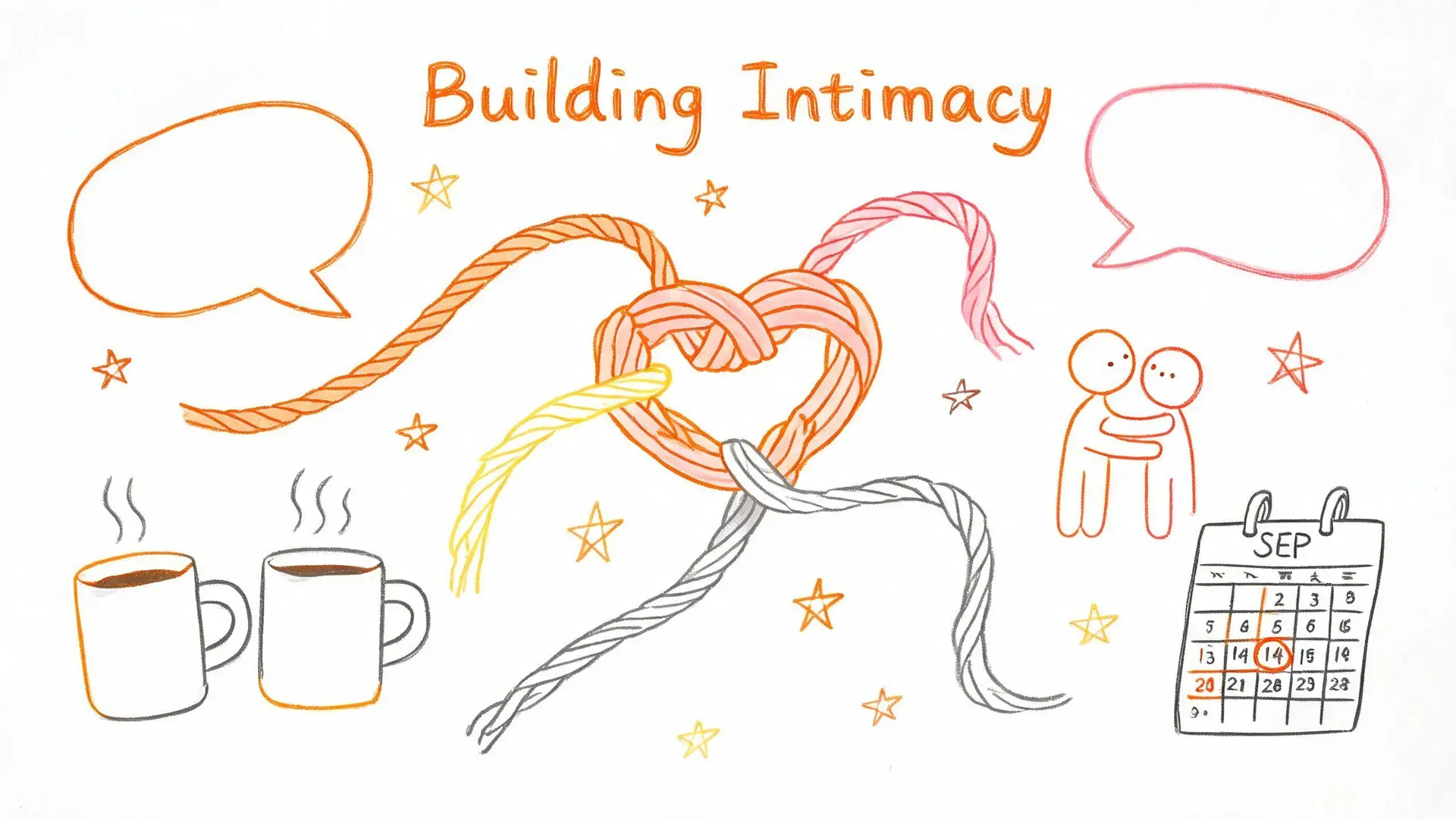 Hand-drawn whiteboard infographic of four braided threads weaving into a heart-shaped knot surrounded by doodles of speech bubbles, coffee mugs, hugging figures, and a calendar, representing how to build intimacy in a relationship.