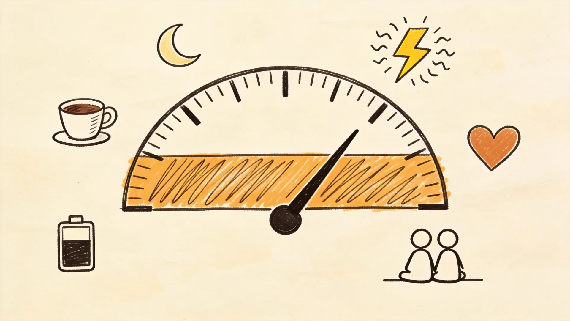 A hand-drawn whiteboard-style illustration of a gauge dial with the needle resting inside a wide orange band representing the normal range of sex drive, surrounded by marker doodles of a moon, coffee cup, heart, battery, and a couple.