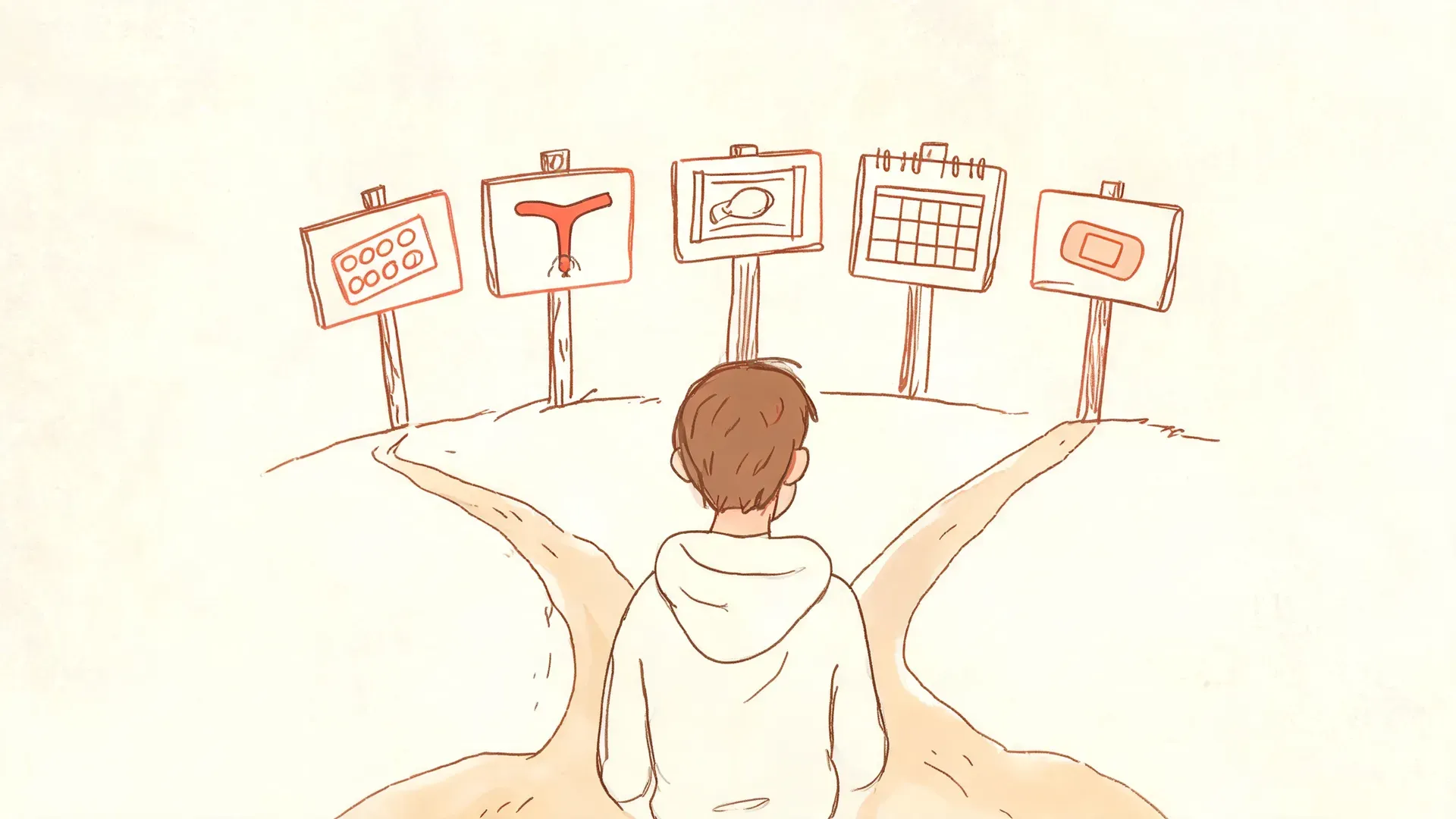 A hand-drawn illustration of a person standing at a forked path facing signposts with icons for different birth control methods, representing the choice of a birth control method that fits your life.