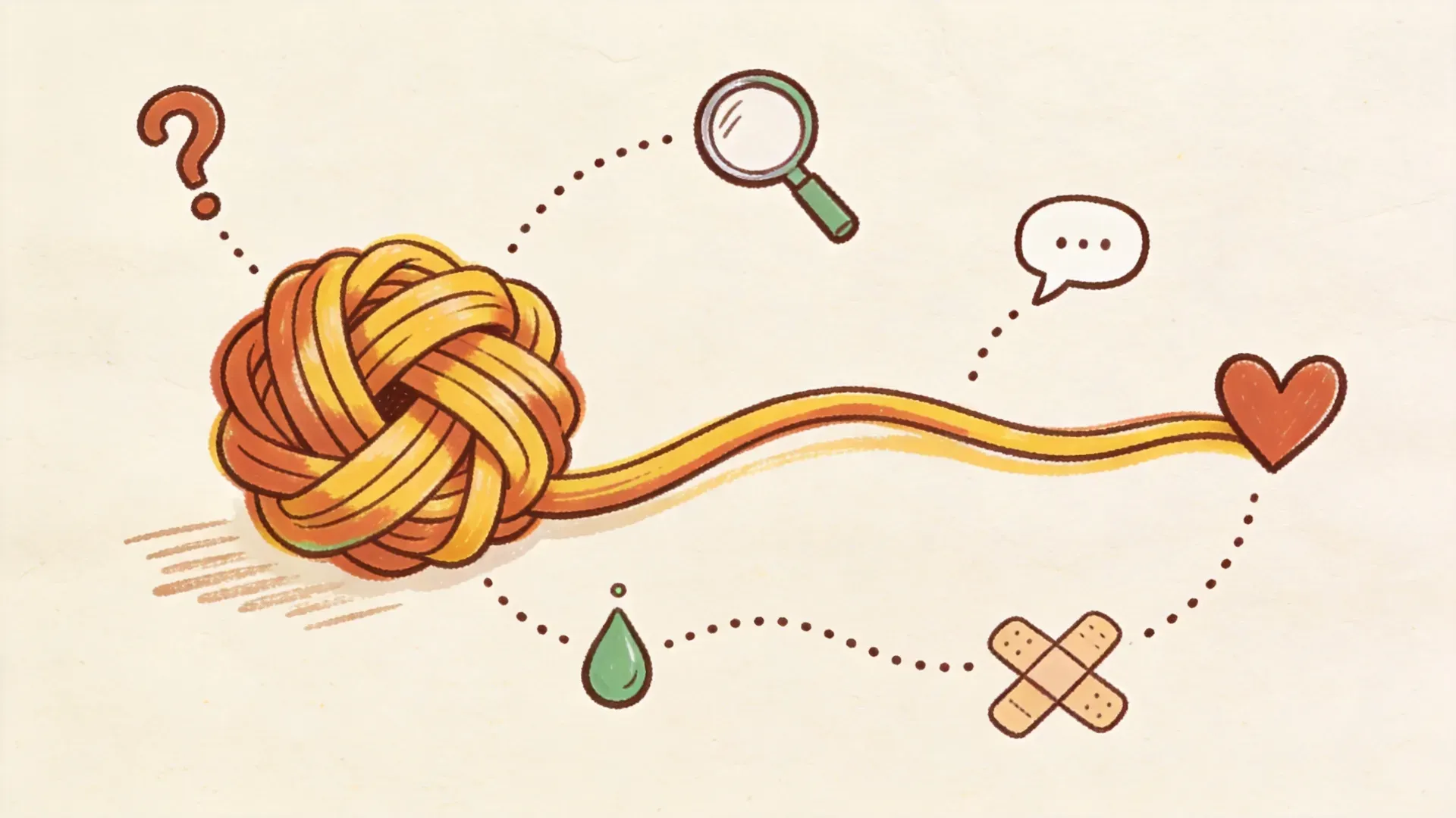 A hand-drawn whiteboard-style illustration of a tangled knot of marker lines unraveling into a smooth thread ending in a heart, symbolizing how the common causes of pain during sex can be untangled and treated.