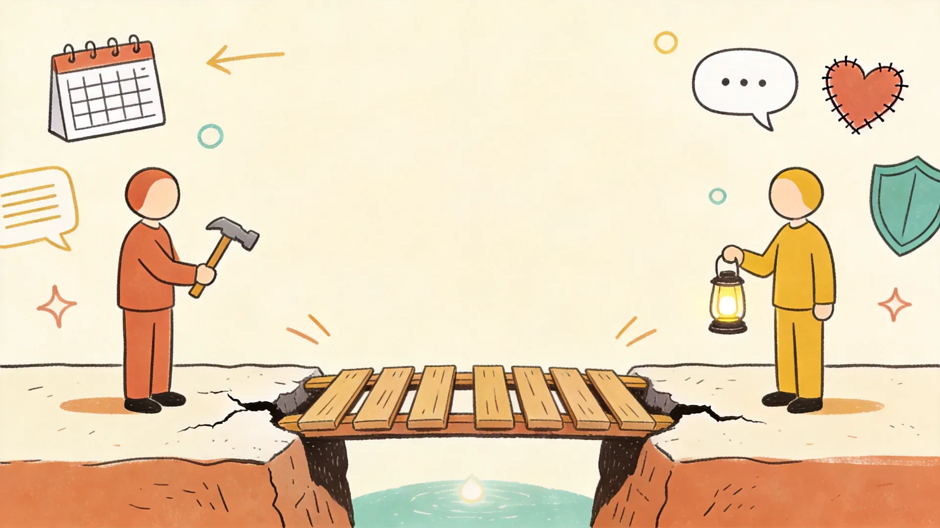Hand-drawn whiteboard infographic of a cracked bridge being rebuilt plank by plank, with two figures holding a hammer and a lantern.