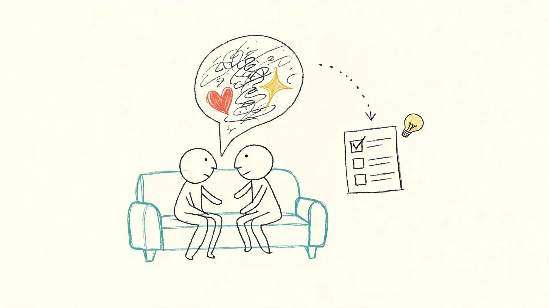 A hand-drawn whiteboard illustration of two figures on a couch with a speech bubble of scribbled words, a heart and a sparkle, and an arrow pointing to a checklist card with a lightbulb.