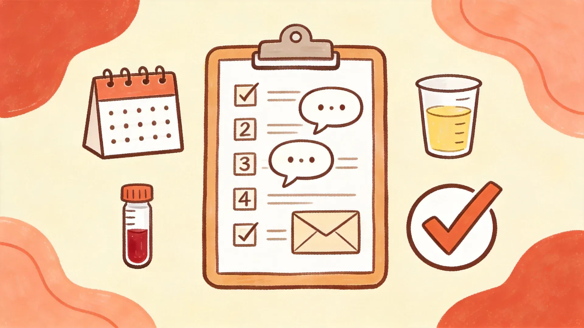 A hand-drawn whiteboard illustration of a clipboard holding a five-step sexual health checkup checklist, from booking to results, drawn in warm marker doodle style.